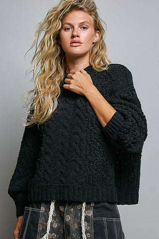 Genesis Mock Neck Balloon Sleeve Cable Knit Pullover Sweater - Cream