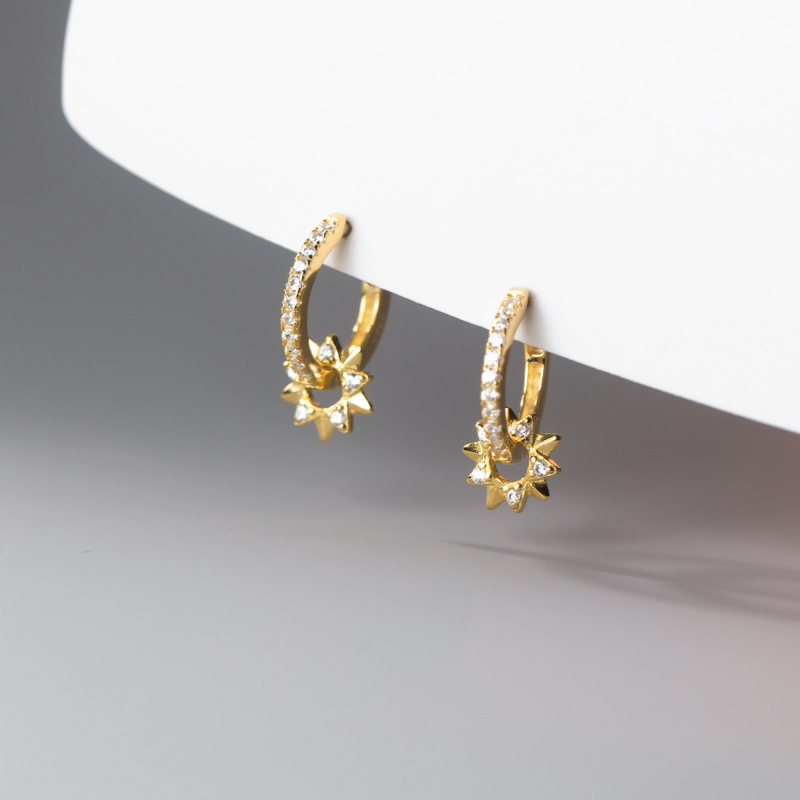 Dainty Gold Sun Huggie Hoop Earrings in 925 Sterling Silver