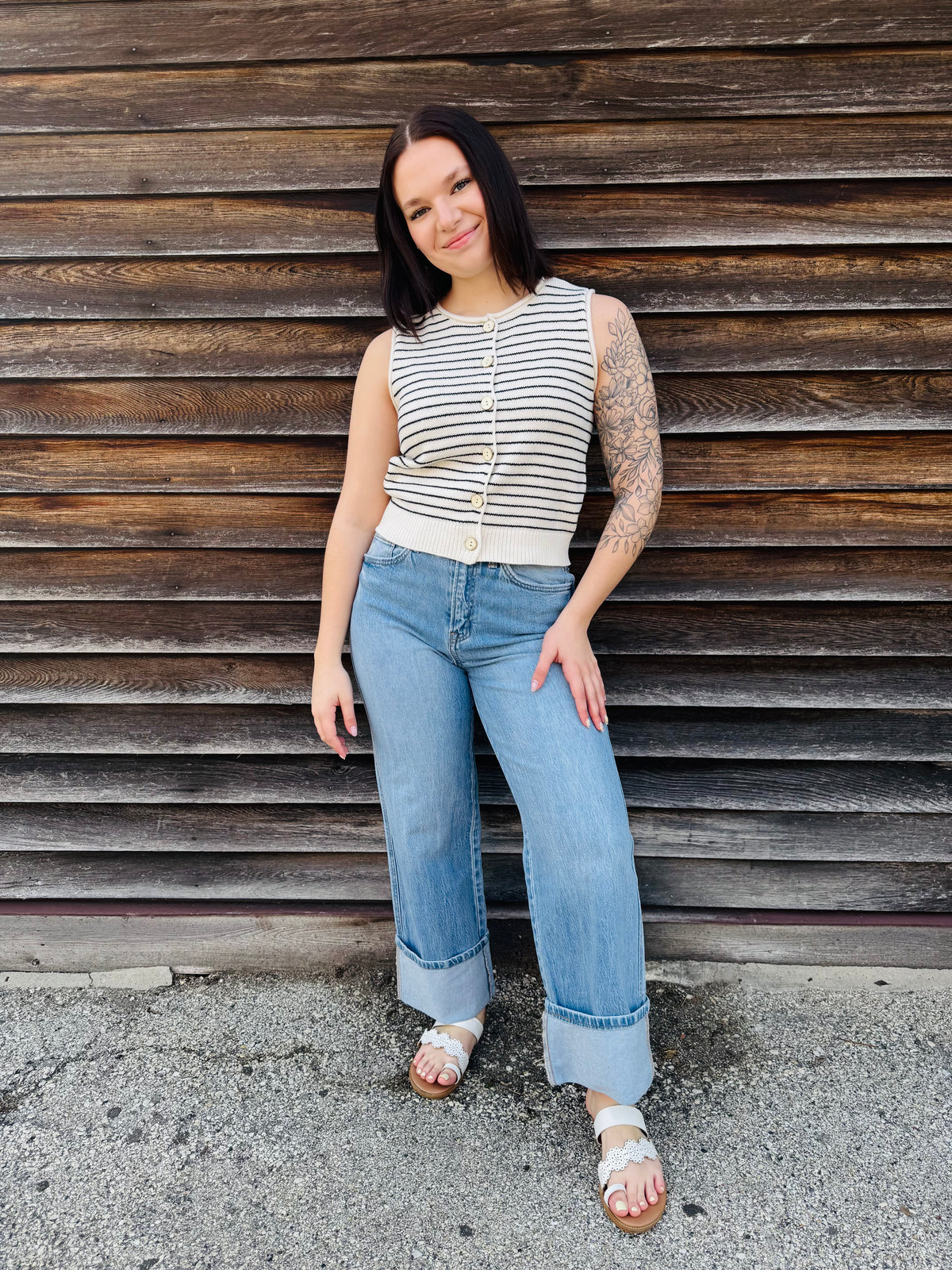 Striped Raw Edge Button Down Cardigan Sweater Vest - Cream