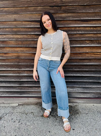 Striped Raw Edge Button Down Cardigan Sweater Vest - Cream