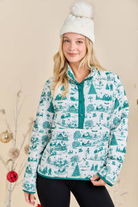 Winter Village Print Puffer Jacket – Holiday Outerwear