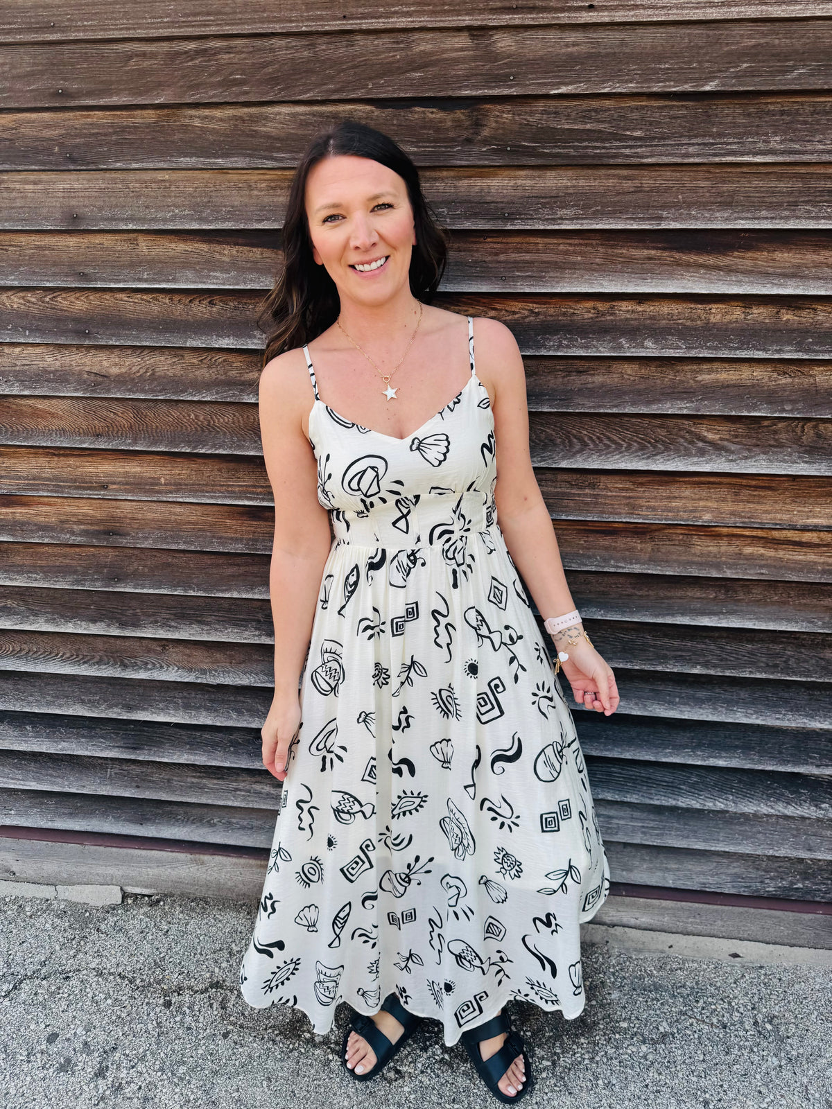 Artsy Doodle Print Shirred Waist Midi Dress
