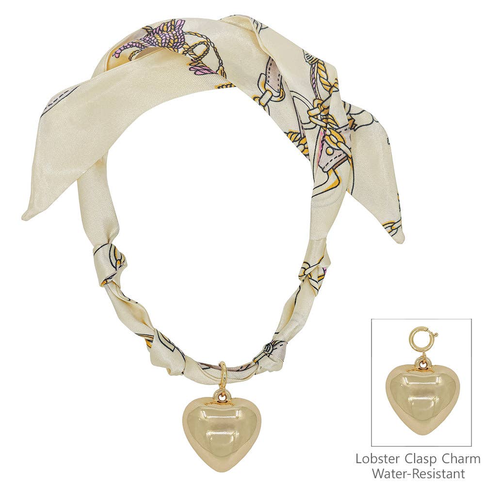Cream Knotted Scarf Necklace with Hammered 1" Puffy Heart Charm