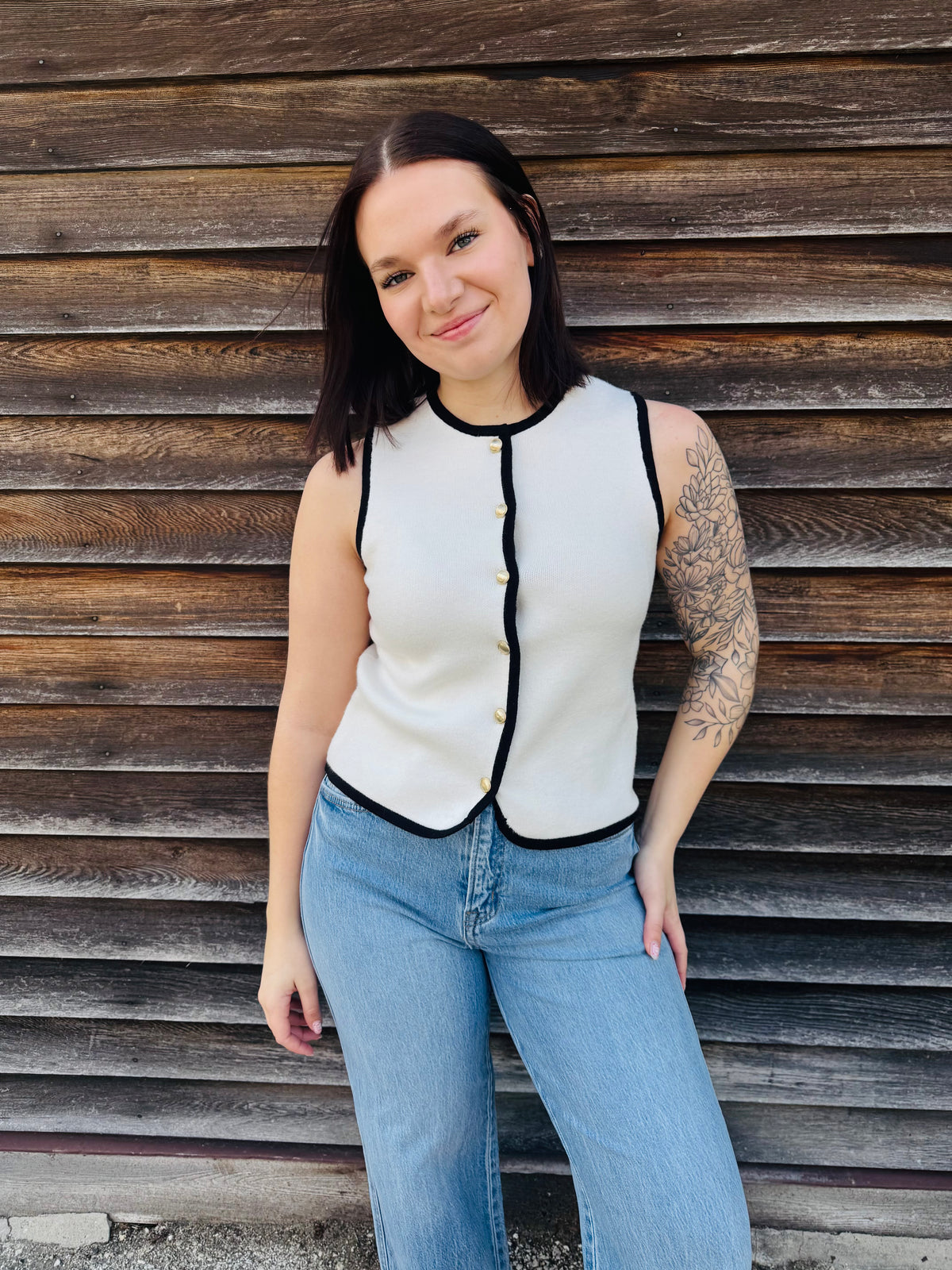Ivory Contrast Trim Gold Button Sweater Vest