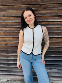 Ivory Contrast Trim Gold Button Sweater Vest