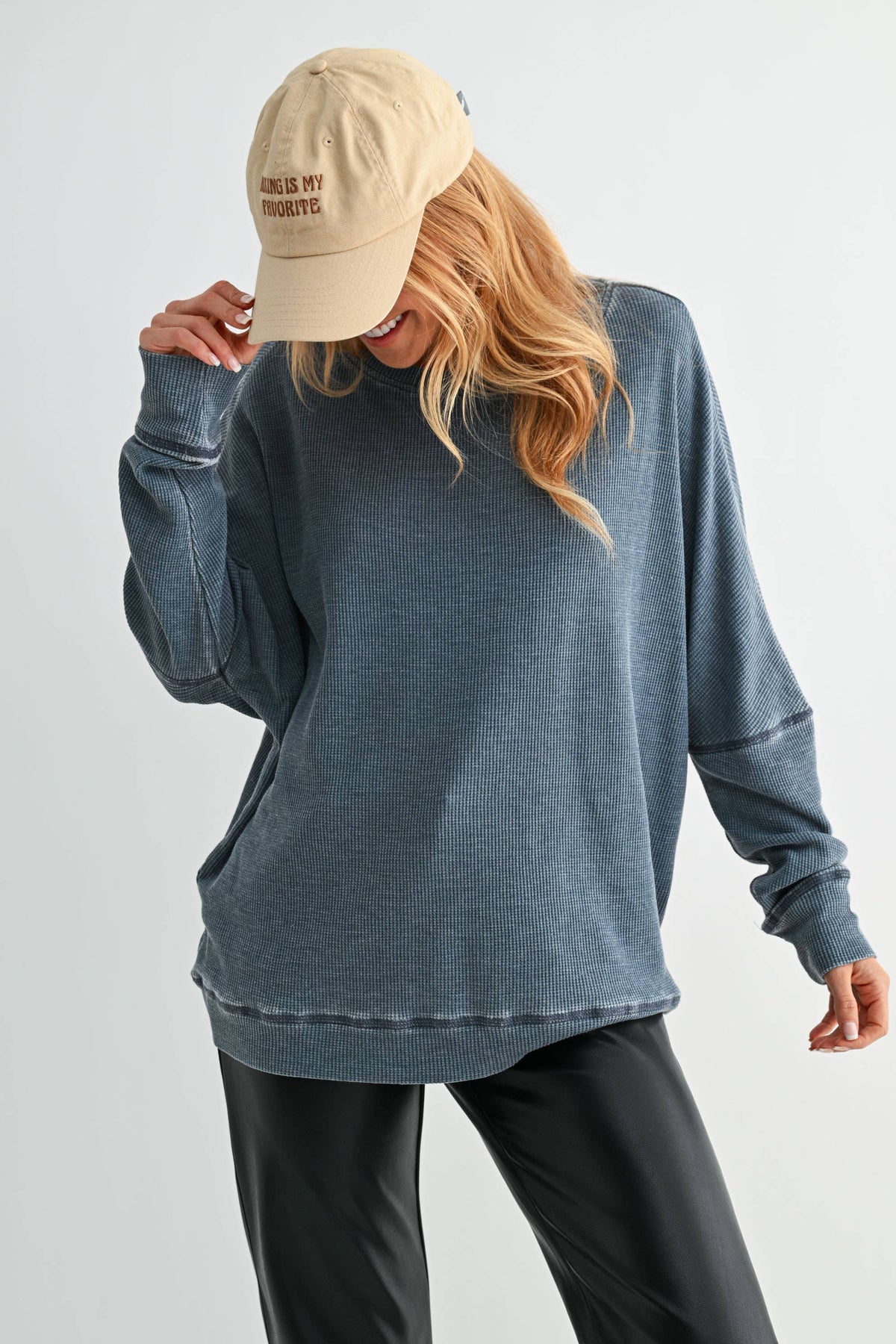 Waffle Ribbed Roundneck Pullover