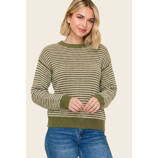 Tory Two Toned Waffle Knit Striped Sweater - Matcha