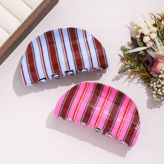 Retro Striped Print Semicircle Hair Claw Clip - Blue