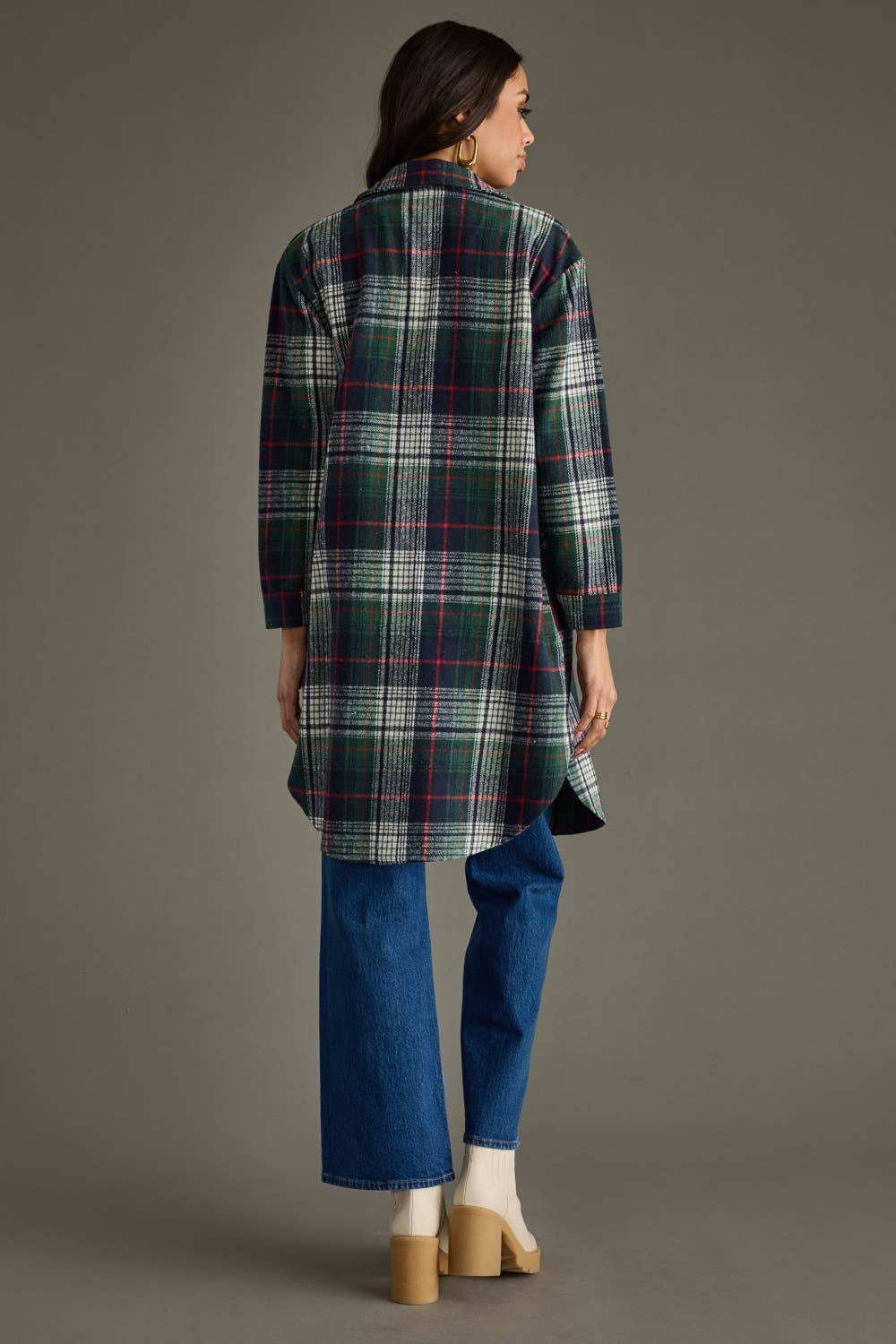 Navy, Green, White & Red Plaid Long Shacket