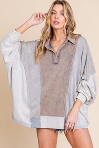 Tessa Mineral Washed Color Block Top - Grey