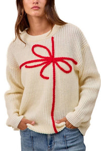 Christmas Ribbon Bow Embroidery Sweater