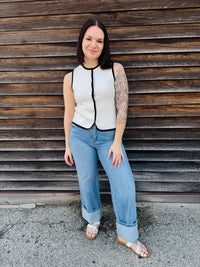 Ivory Contrast Trim Gold Button Sweater Vest