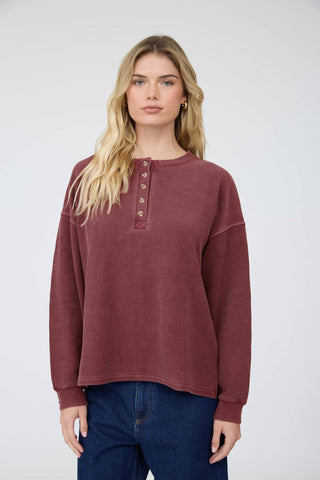 Heather Ribbed Henley Sweater - Burgundy