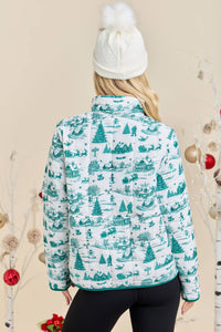 Winter Village Print Puffer Jacket – Holiday Outerwear