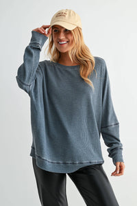 Waffle Ribbed Roundneck Pullover