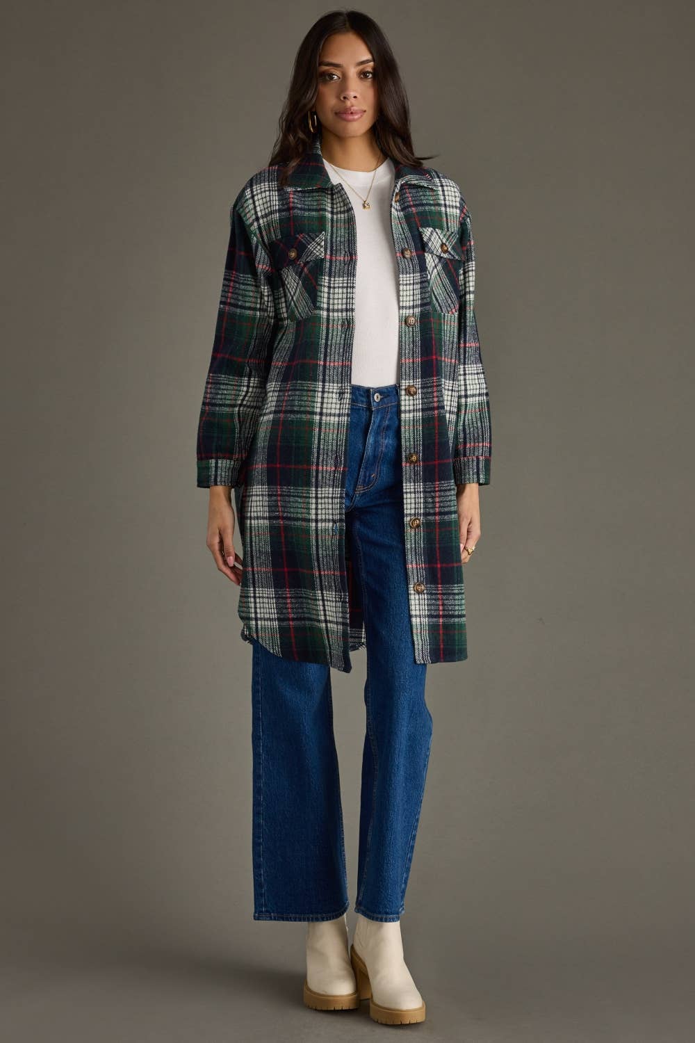 Navy, Green, White & Red Plaid Long Shacket