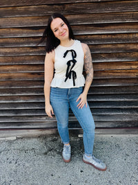 Chic Cream Tank Top with Black Satin Bow Accents