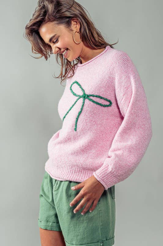 Bow Charm Knit Sweater - Pink