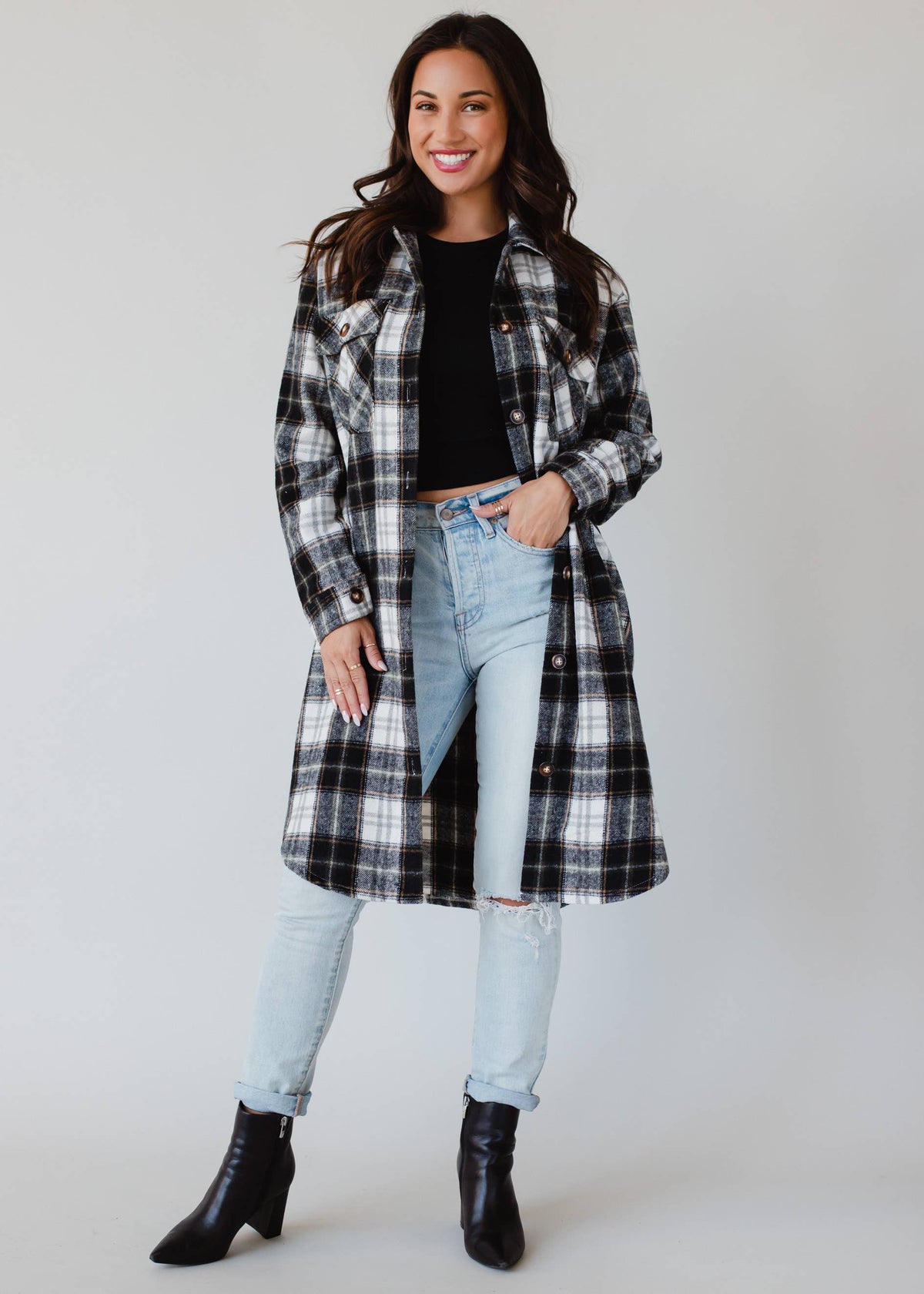 Black, White & Olive Plaid Long Flannel