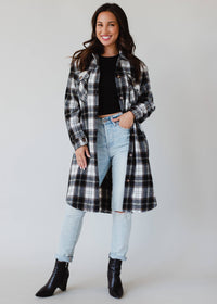 Black, White & Olive Plaid Long Flannel
