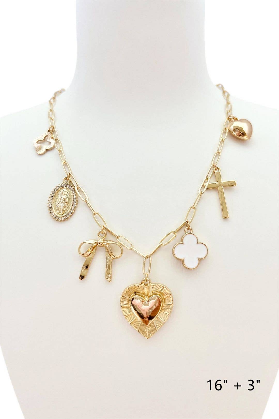 Gold Chain with Clover, Heart, Bow, Cross Charm 16"-18" Necklace
