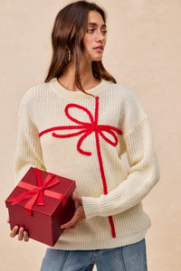 Christmas Ribbon Bow Embroidery Sweater