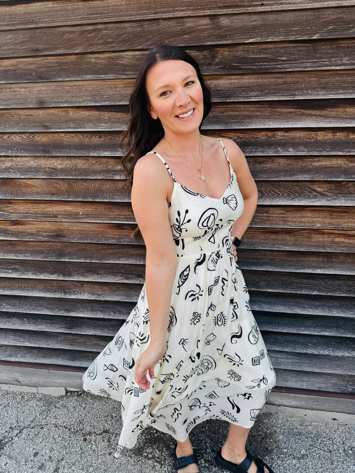 Artsy Doodle Print Shirred Waist Midi Dress