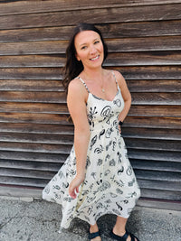 Artsy Doodle Print Shirred Waist Midi Dress