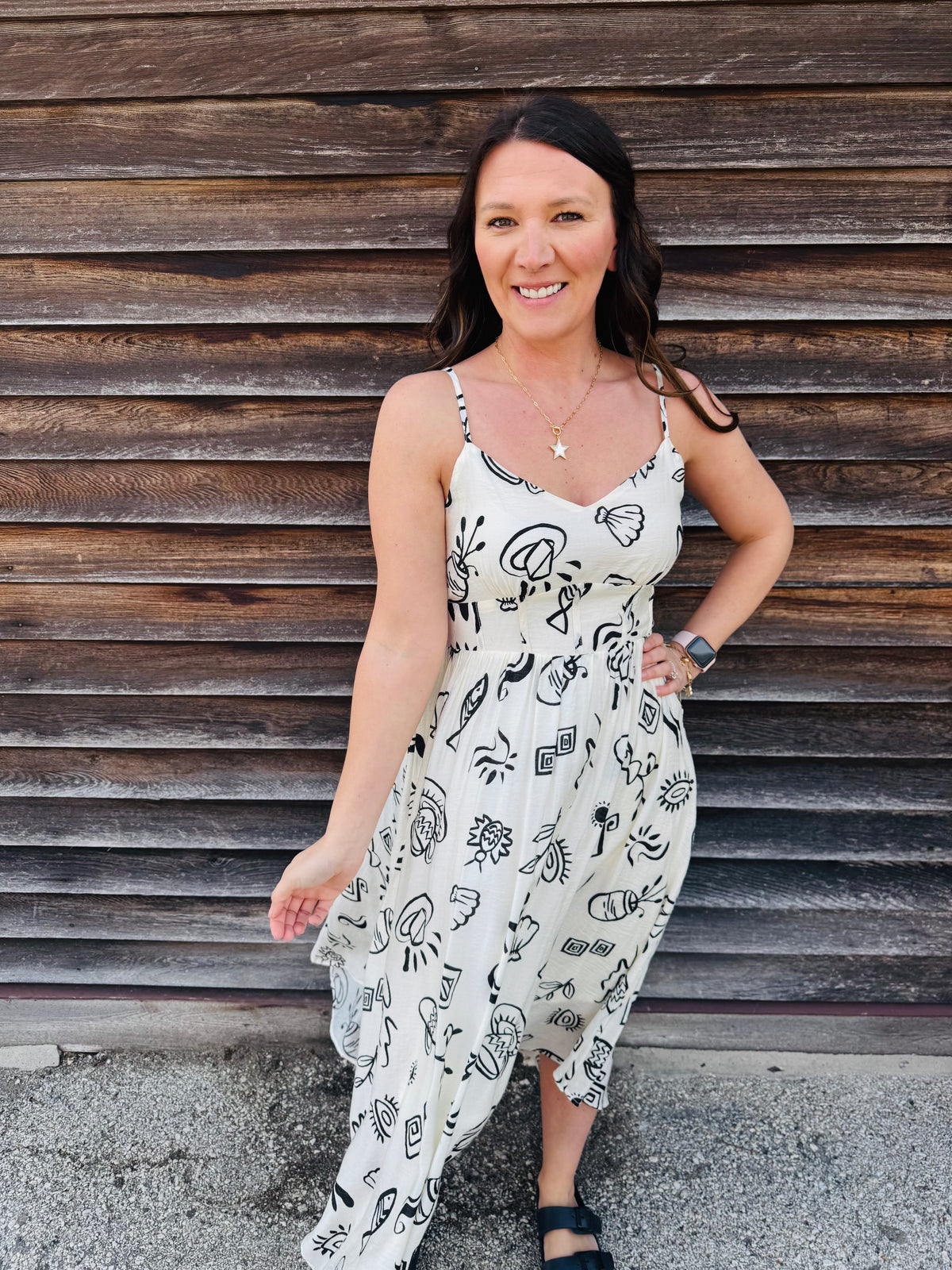 Artsy Doodle Print Shirred Waist Midi Dress