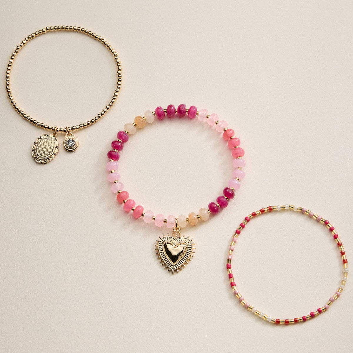 Beaded Heart Charm Stretch Bracelet Set