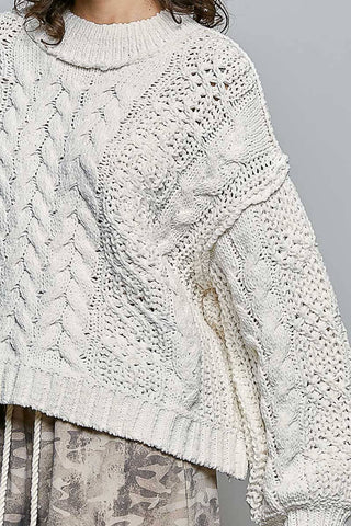 Genesis Mock Neck Balloon Sleeve Cable Knit Pullover Sweater - Cream