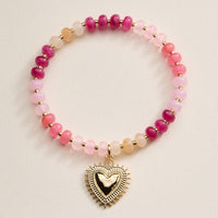 Beaded Heart Charm Stretch Bracelet Set