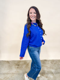 Piper Royal blue button down cardigan featuring rolled sleeves and hem. 