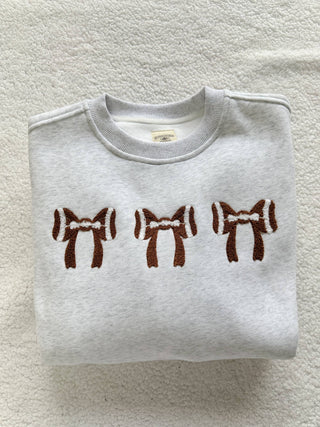 Pearl Grey Football Bows Game Day Embroider Sweatshirt