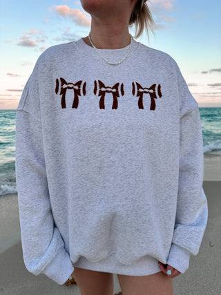 Pearl Grey Football Bows Game Day Embroider Sweatshirt