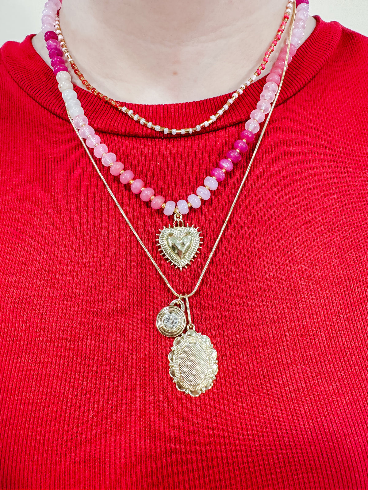 Layered Beaded and Pendant Necklace Set with Gold Accents – Heart and Charm Detail