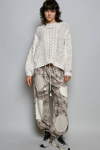 Genesis Mock Neck Balloon Sleeve Cable Knit Pullover Sweater - Cream