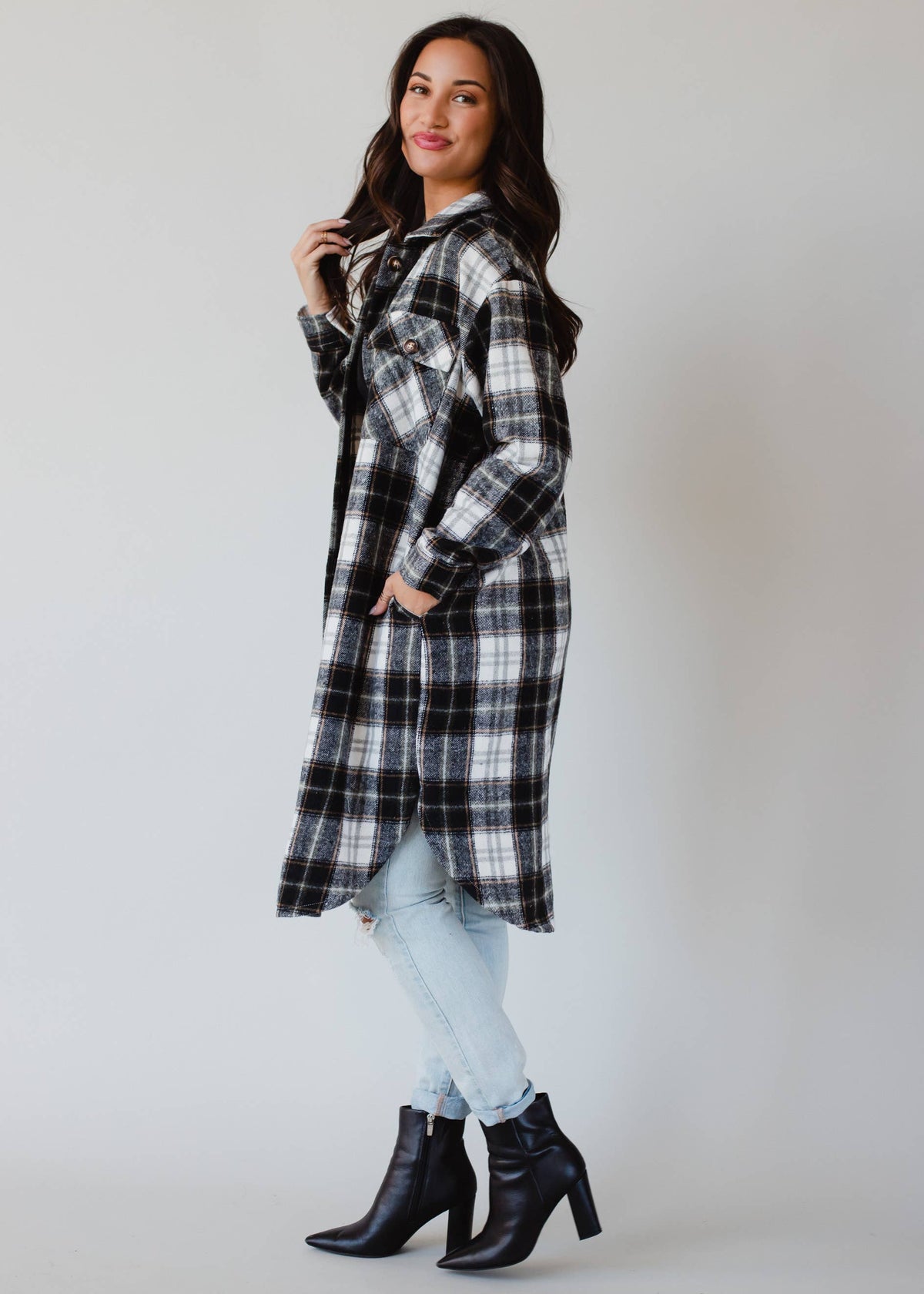 Black, White & Olive Plaid Long Flannel