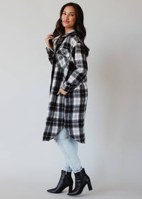 Black, White & Olive Plaid Long Flannel