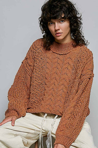 Genesis Mock Neck Balloon Sleeve Cable Knit Pullover Sweater - Cream