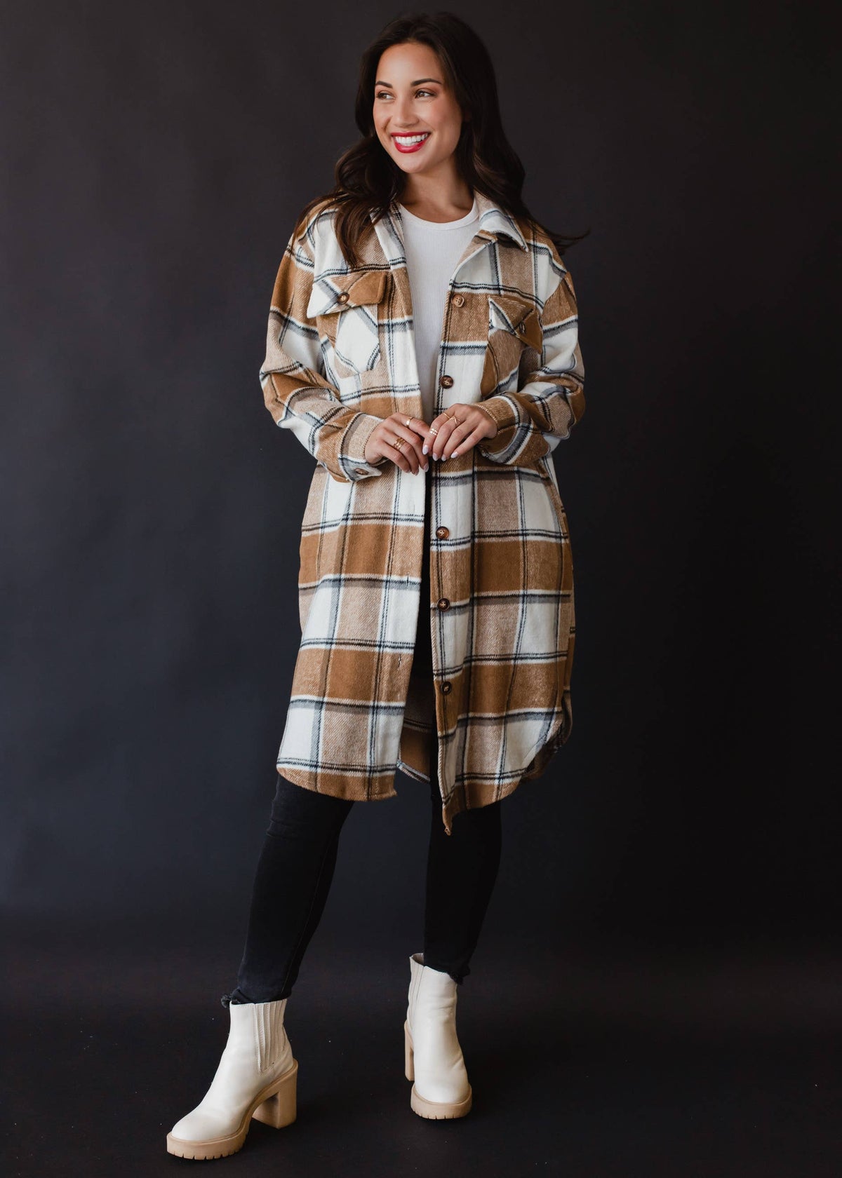Tan, Cream & Gray Plaid Long Flannel