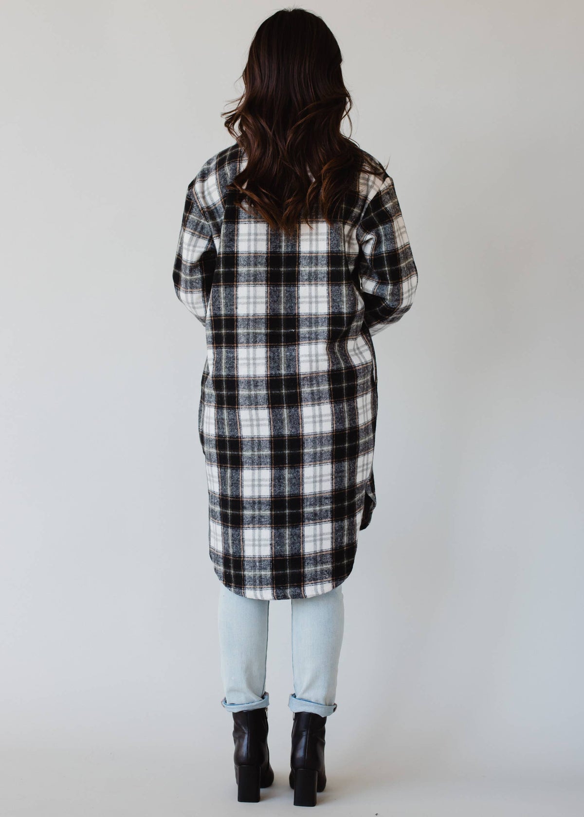 Black, White & Olive Plaid Long Flannel