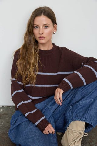 Brynn Striped Crew Neck Sweater - Brown