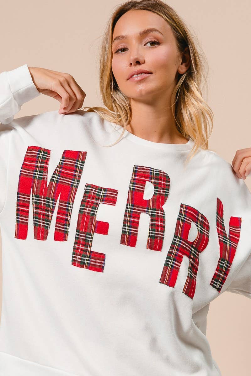 Plaid Merry Lettering Christmas Fleece Sweatshirt