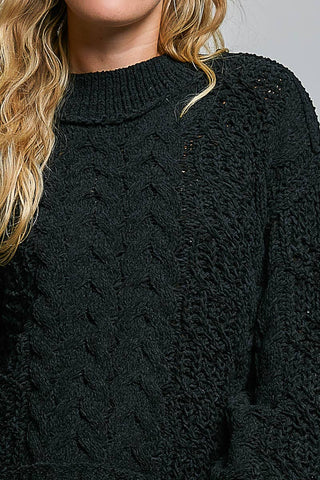 Genesis Mock Neck Balloon Sleeve Cable Knit Pullover Sweater - Cream