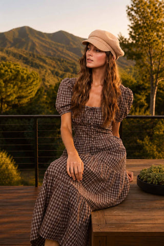 Penelope Plaid Midi Dress - Brown