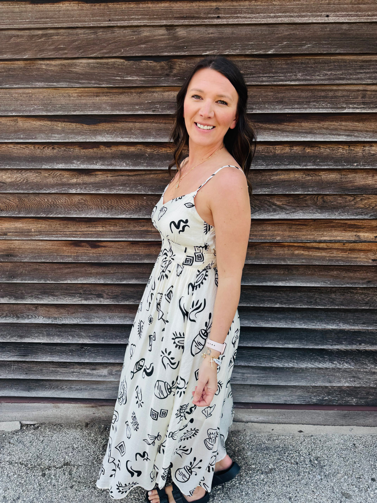 Artsy Doodle Print Shirred Waist Midi Dress