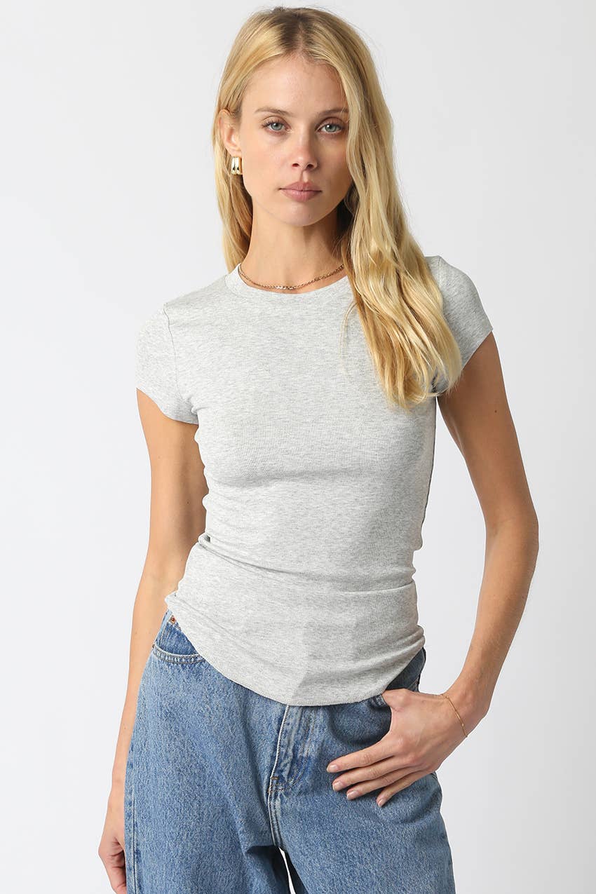 Serena Ribbed Cap Sleeve Top - Heather Gray