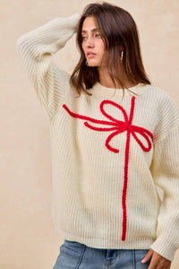 Christmas Ribbon Bow Embroidery Sweater