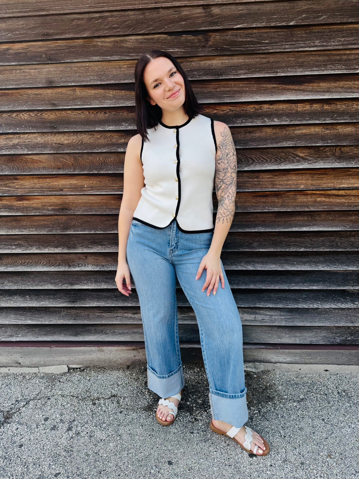 Ivory Contrast Trim Gold Button Sweater Vest